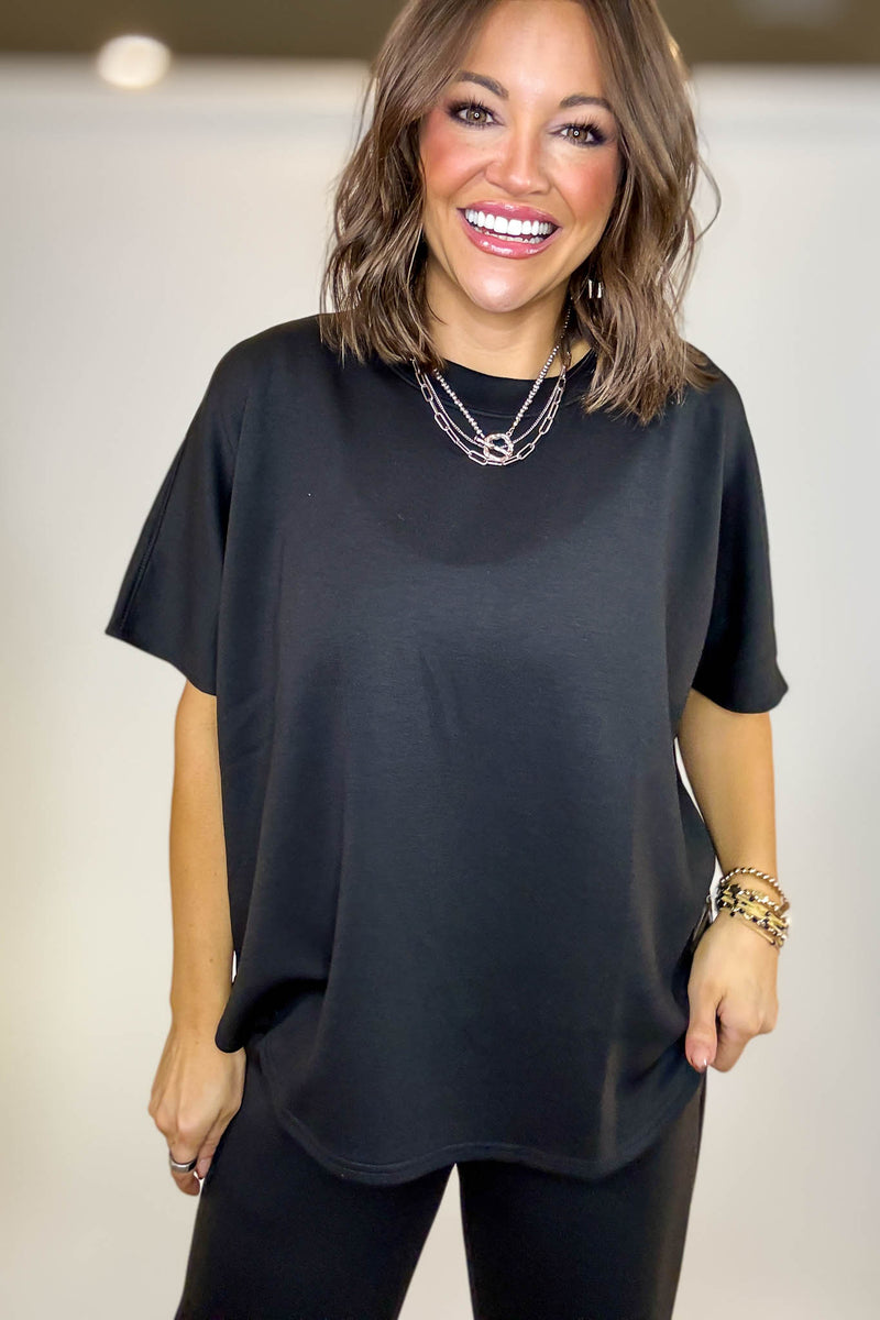 PINK FRIDAY SET Black Scuba Curbed Hem Top & Pants Set