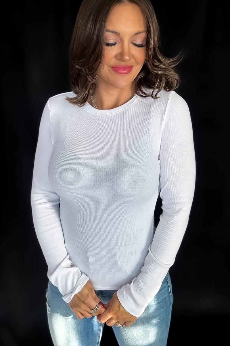 Long Sleeve White Mini Rib Shirt