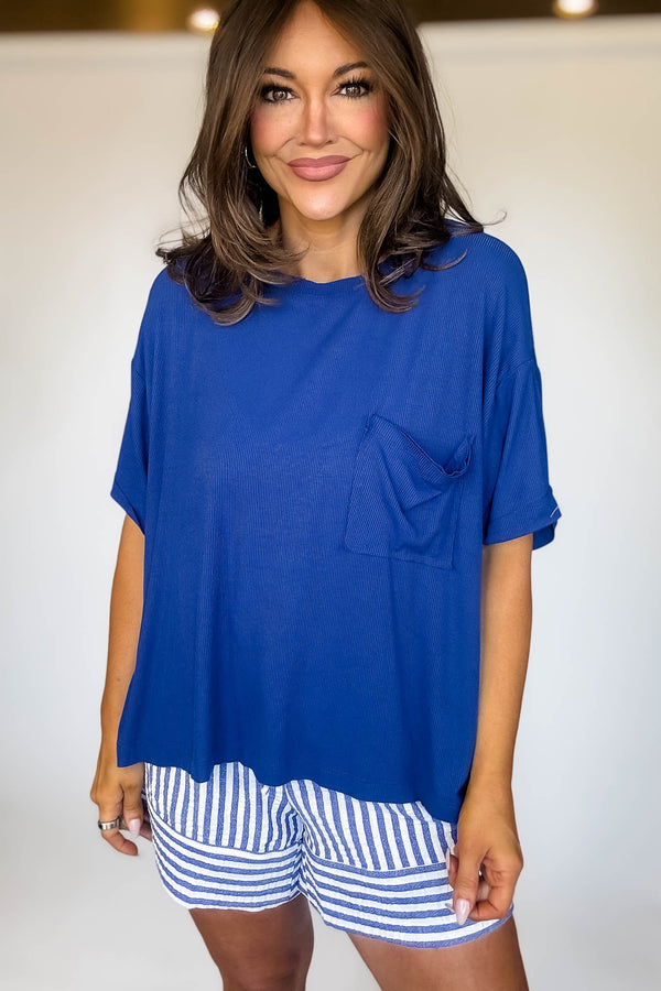 Oversized Light Navy Ribbed Round Neck Short Sleeve Tee
