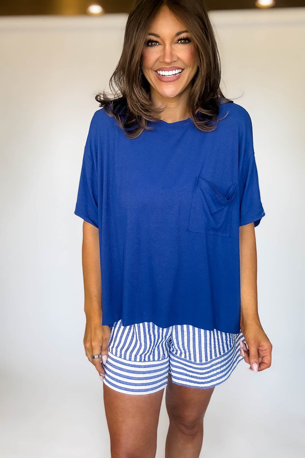 Oversized Light Navy Ribbed Round Neck Short Sleeve Tee