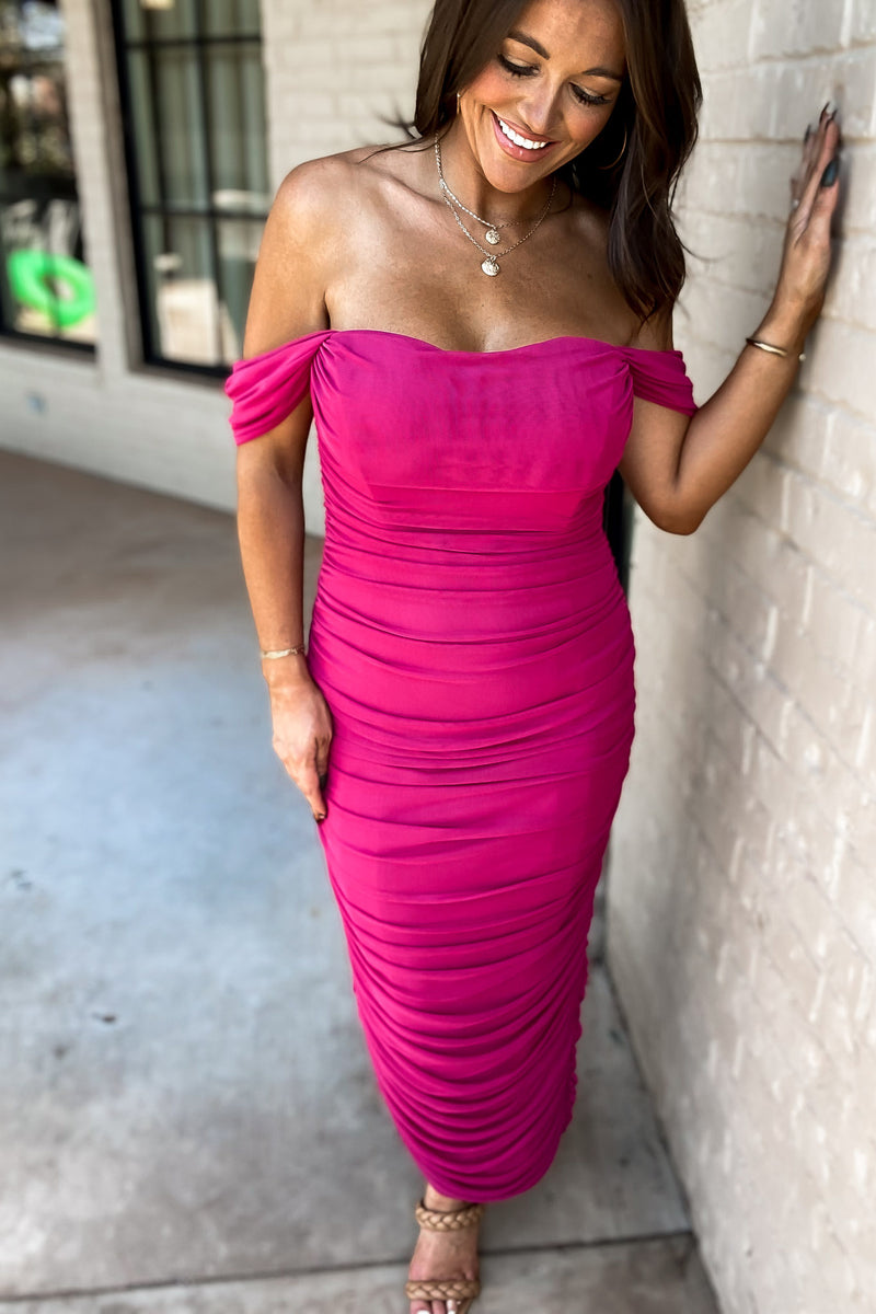 Talk of The Town Magenta Off Shoulder Bodycon Dress