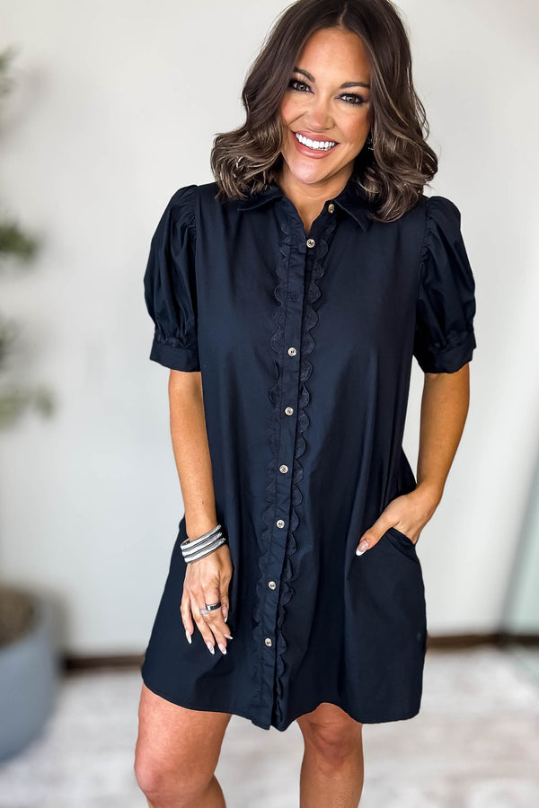 Black Solid Button-up Shirt Dress
