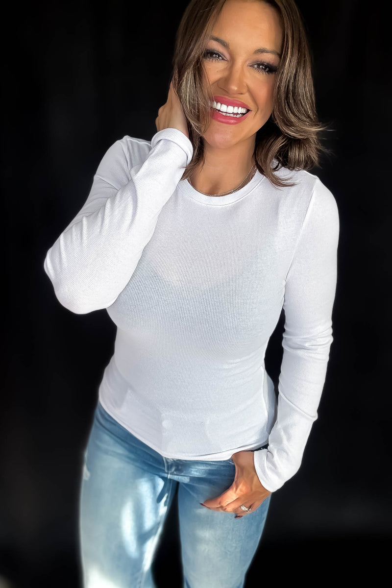 Long Sleeve White Mini Rib Shirt