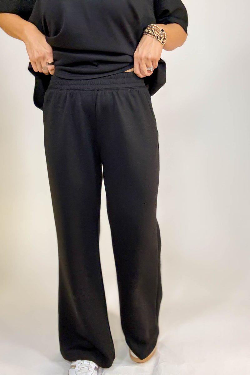 PINK FRIDAY SET Black Scuba Curbed Hem Top & Pants Set