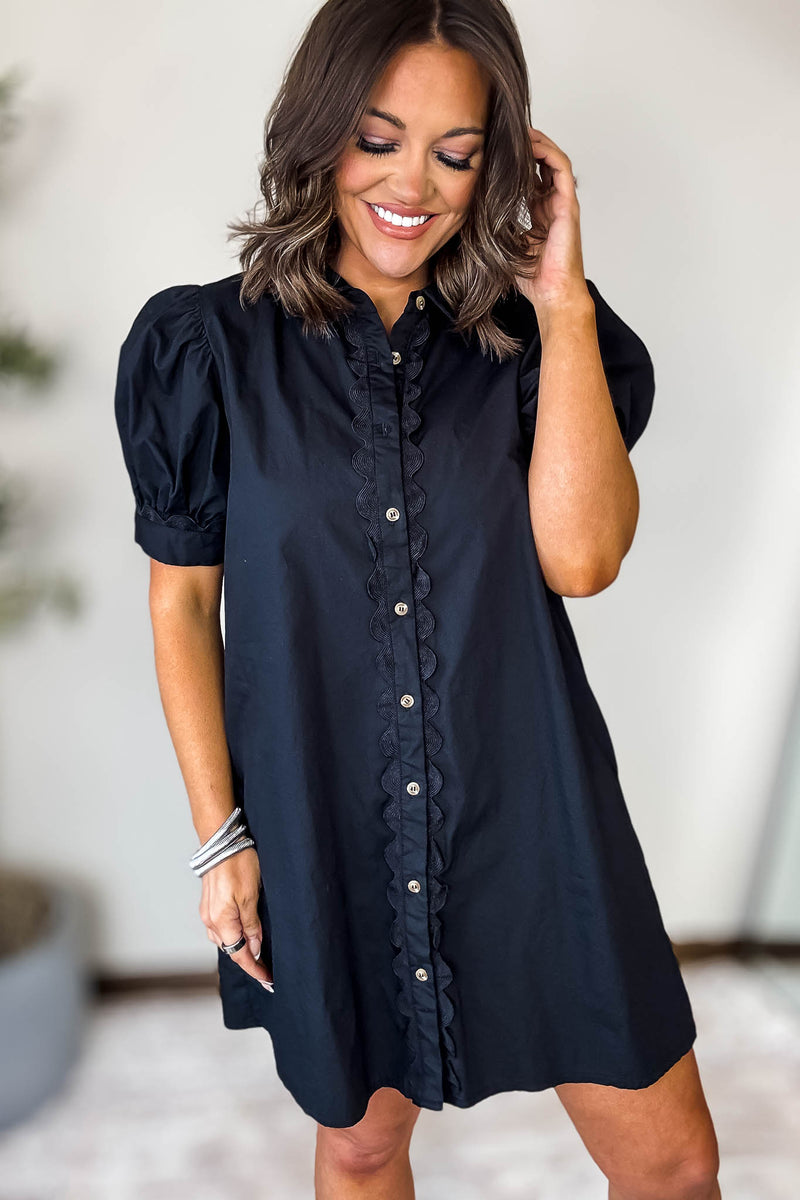 Black Solid Button-up Shirt Dress