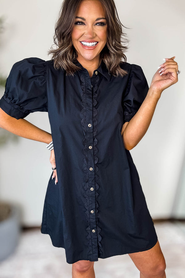 Black Solid Button-up Shirt Dress