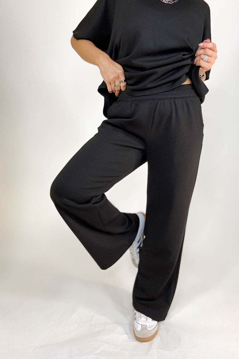 PINK FRIDAY SET Black Scuba Curbed Hem Top & Pants Set