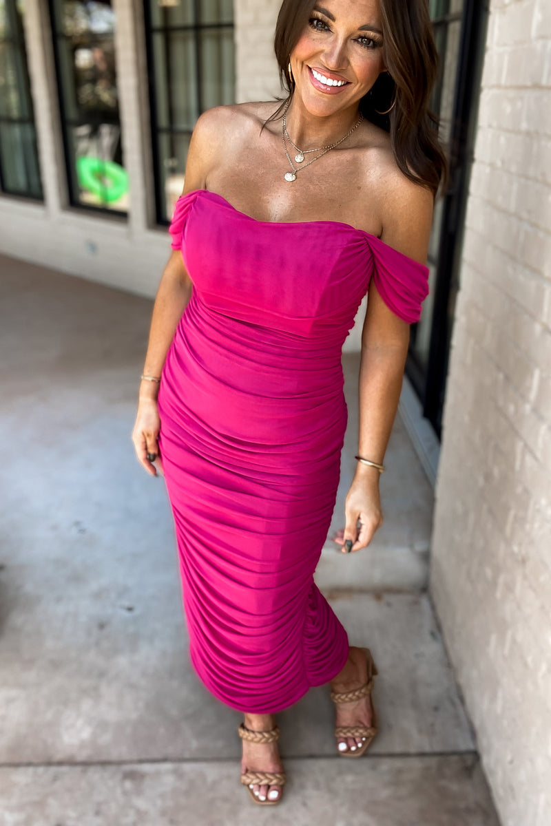 Talk of The Town Magenta Off Shoulder Bodycon Dress