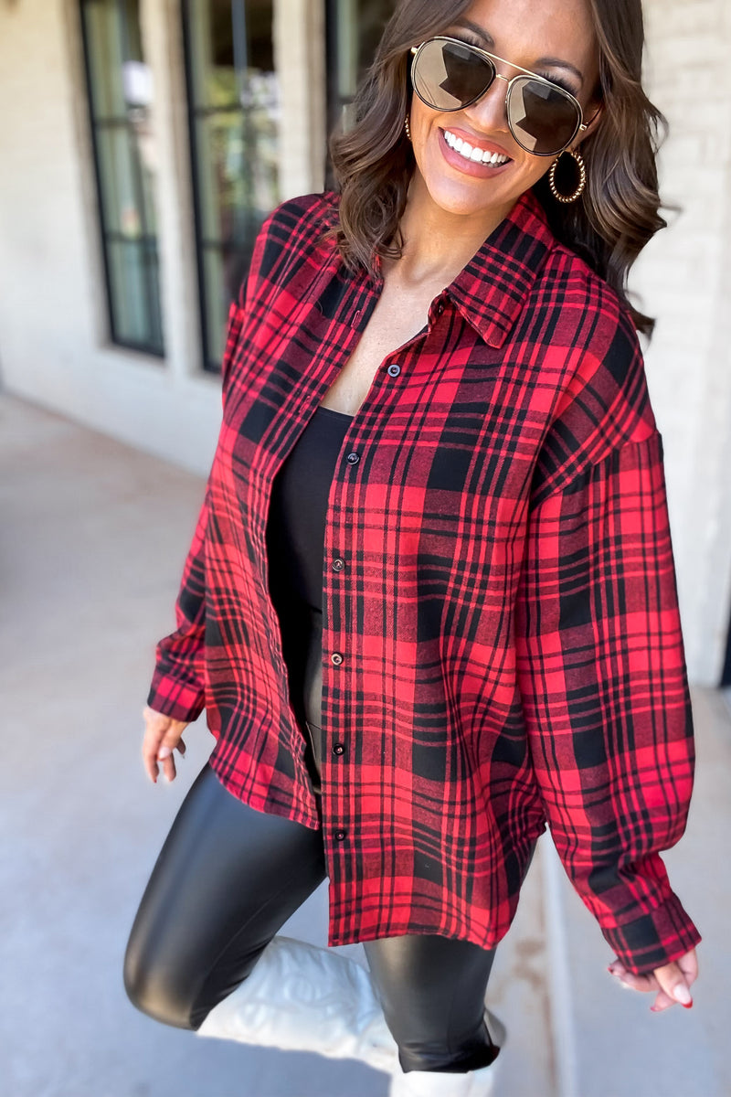 Refreshing Beauty Plaid Black/Red Button Front Shirt