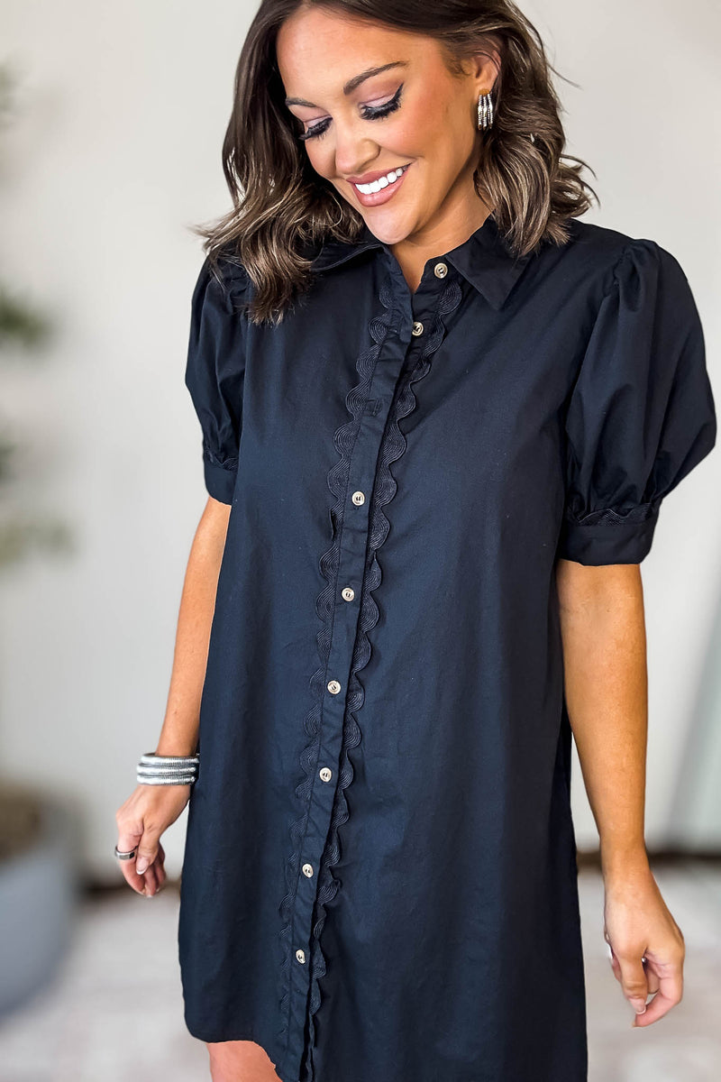 Black Solid Button-up Shirt Dress