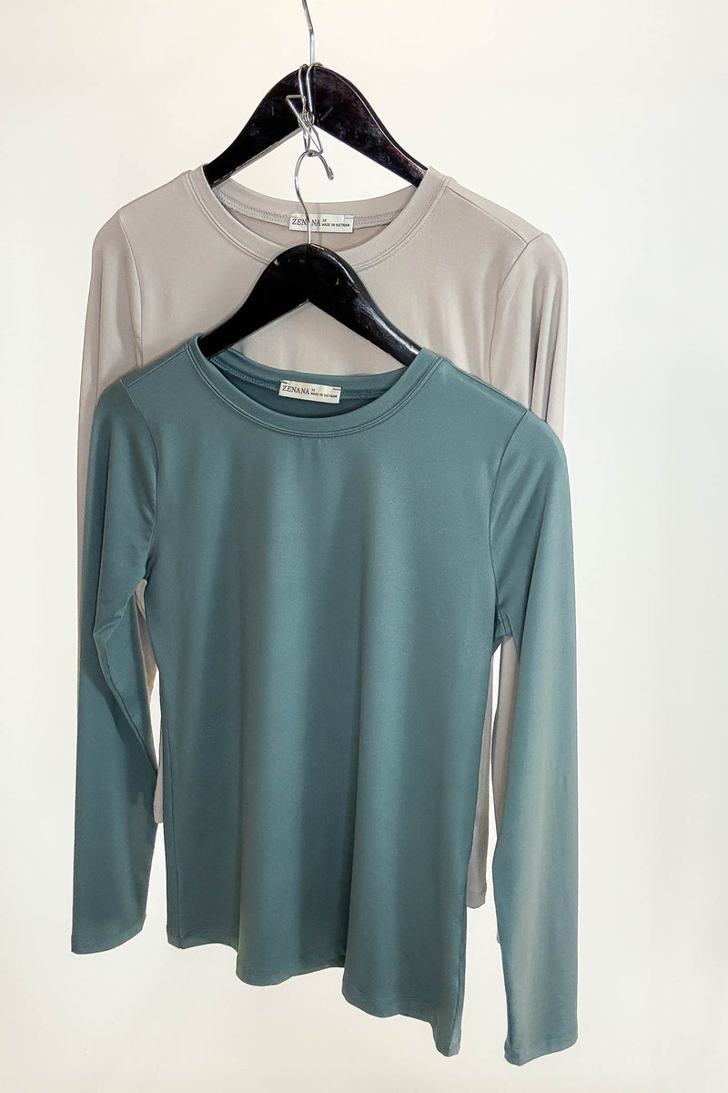 2 FOR $20 SPECIAL ASH JADE AND ASH MOCHA Brushed Microfiber Long Sleeve Round Neck Tee