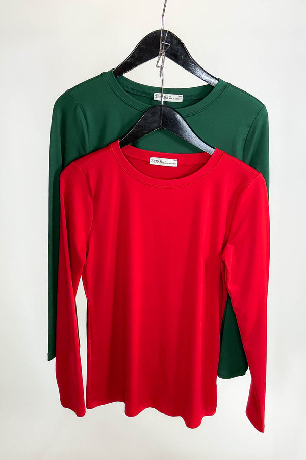 2 FOR $20 SPECIAL RUBY AND DARK GREEN Brushed Microfiber Long Sleeve Round Neck Tee