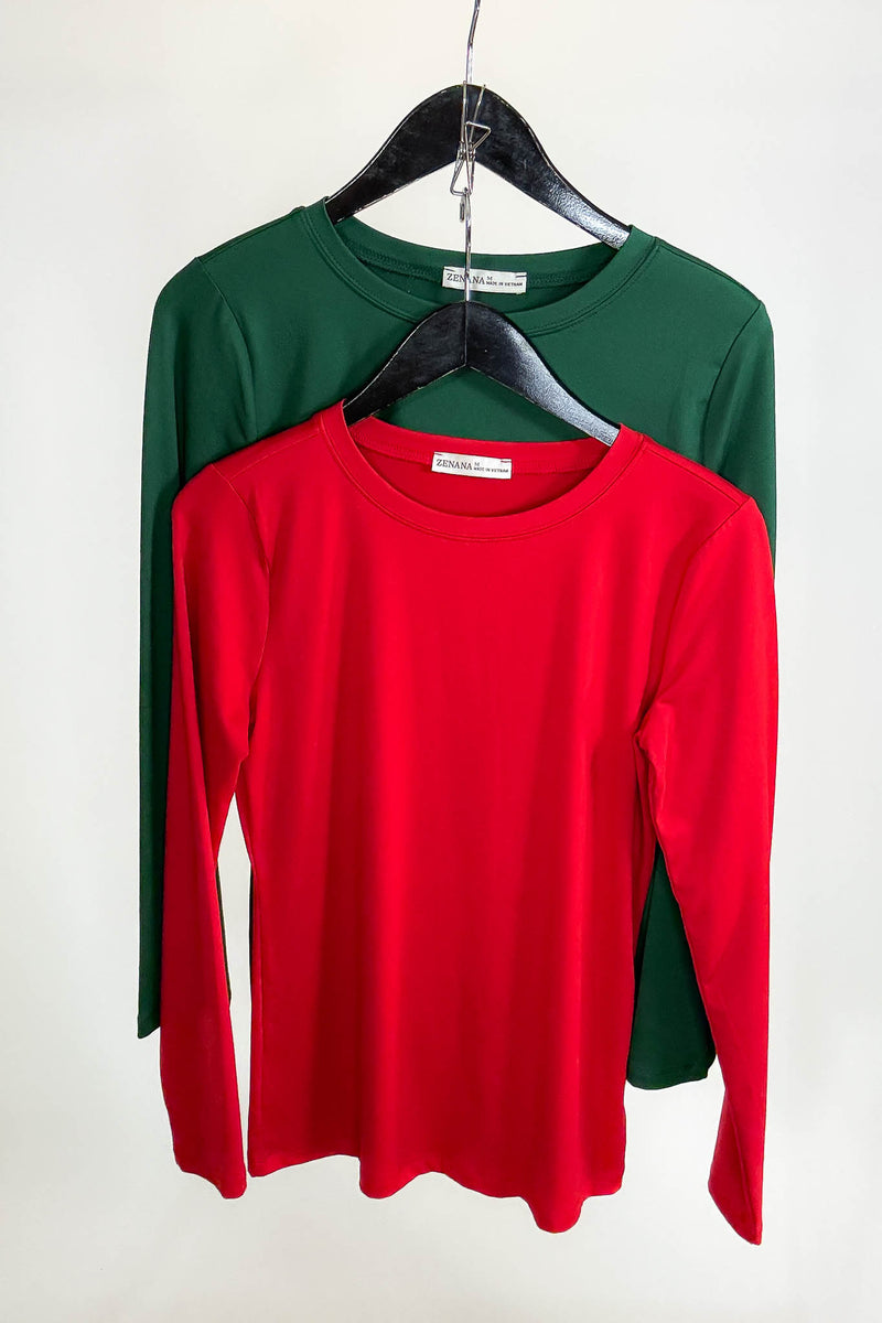 2 FOR $20 SPECIAL RUBY AND DARK GREEN Brushed Microfiber Long Sleeve Round Neck Tee