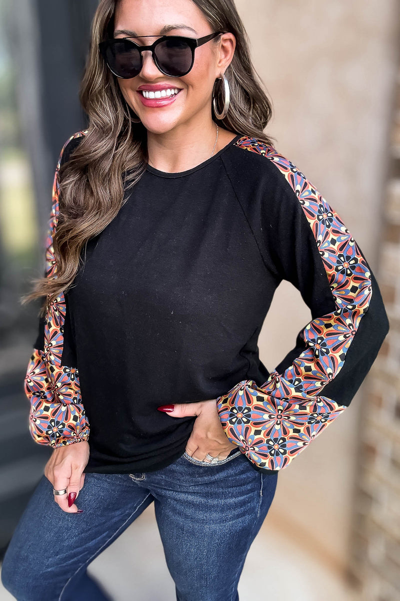 Black Print Detail Top