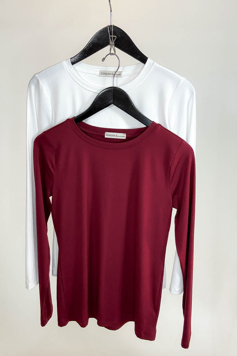 2 FOR $20 SPECIAL WHITE AND CABERNET Brushed Microfiber Long Sleeve Round Neck Tee