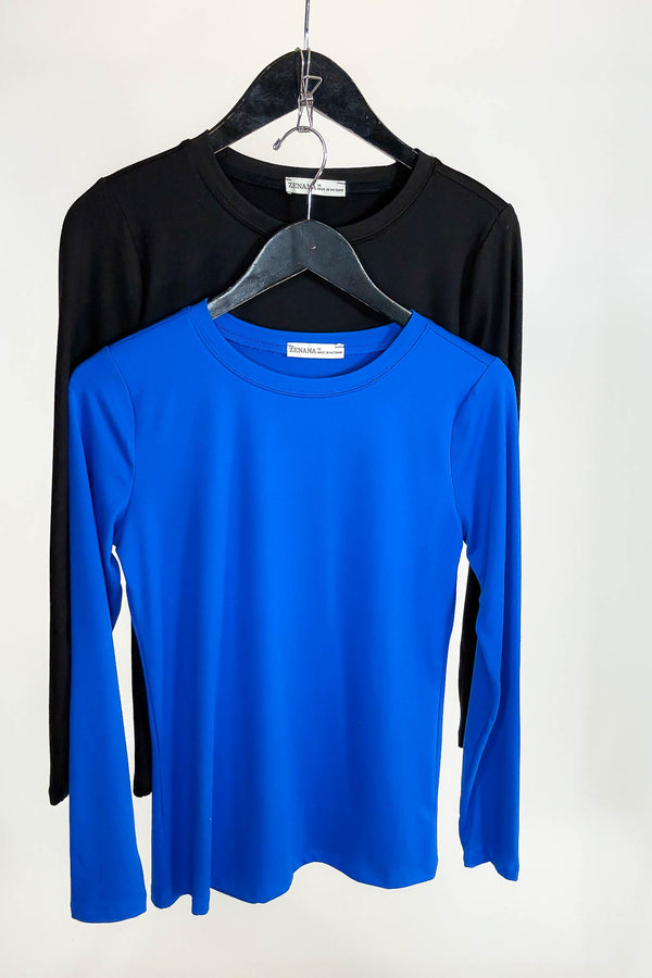 2 FOR $20 SPECIAL BLACK AND OCEAN BLUE Brushed Microfiber Long Sleeve Round Neck Tee