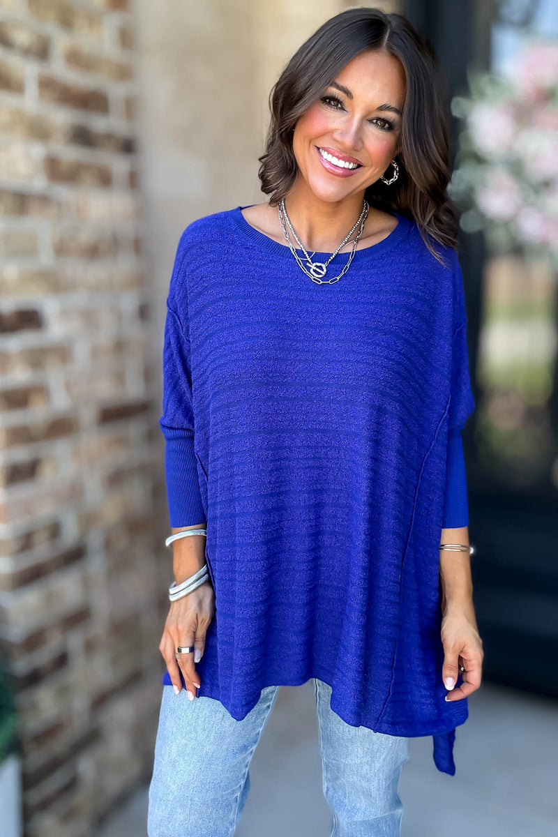 Go For It Blue Boat Neck Stripe Sweater Knit Tunic Top