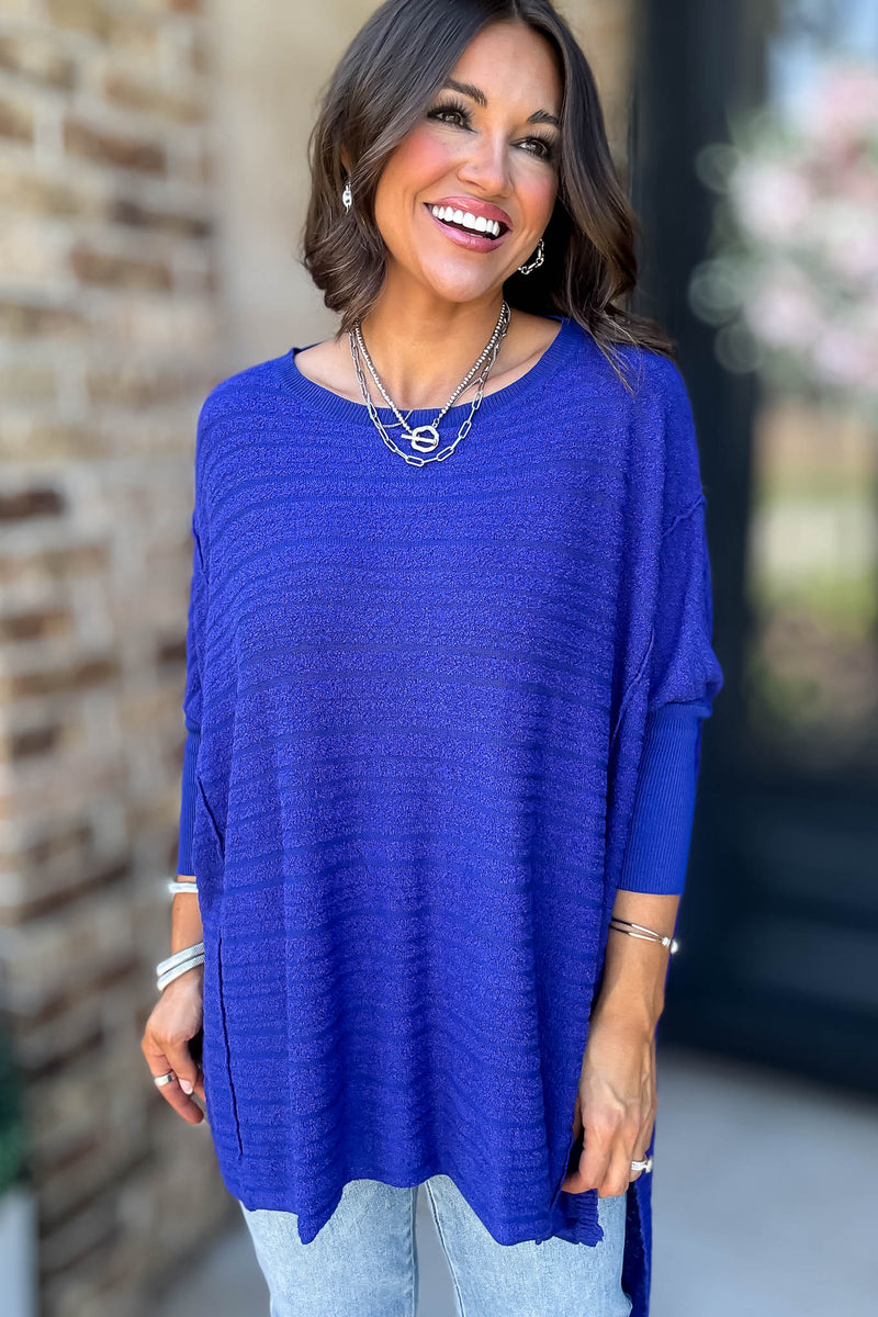Go For It Blue Boat Neck Stripe Sweater Knit Tunic Top