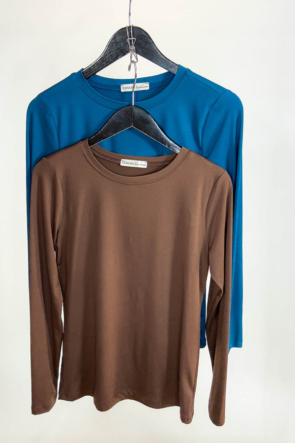 2 FOR $20 SPECIAL BROWN AND TEAL Brushed Microfiber Long Sleeve Round Neck Tee