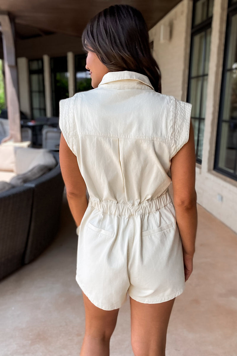 Vanilla Cream Washed Denim Sleeveless Button Up Romper