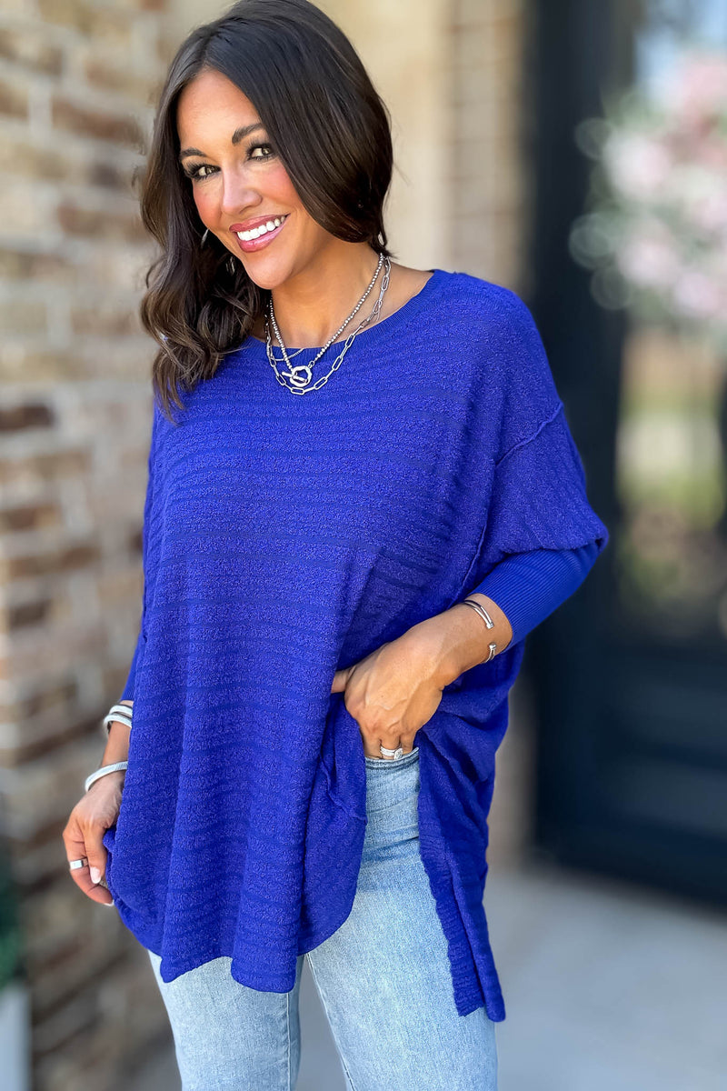 Go For It Blue Boat Neck Stripe Sweater Knit Tunic Top