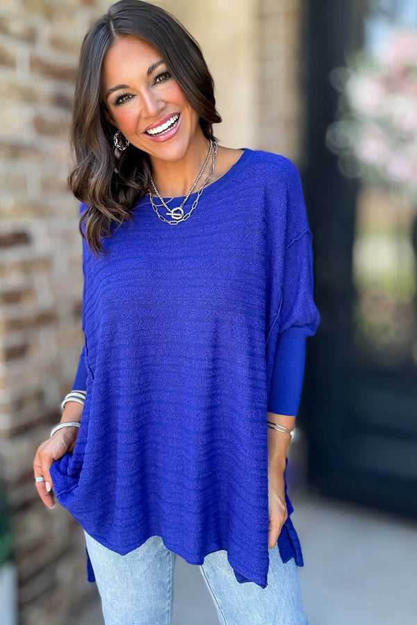 Go For It Blue Boat Neck Stripe Sweater Knit Tunic Top