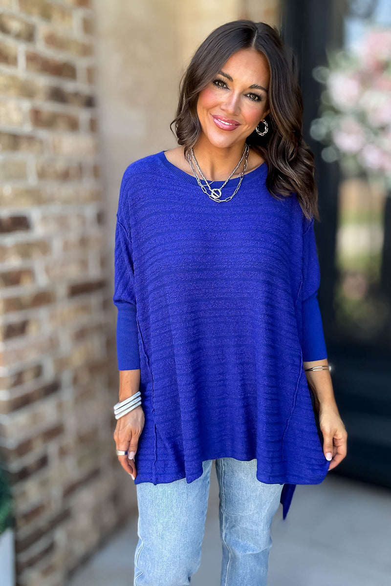 Go For It Blue Boat Neck Stripe Sweater Knit Tunic Top