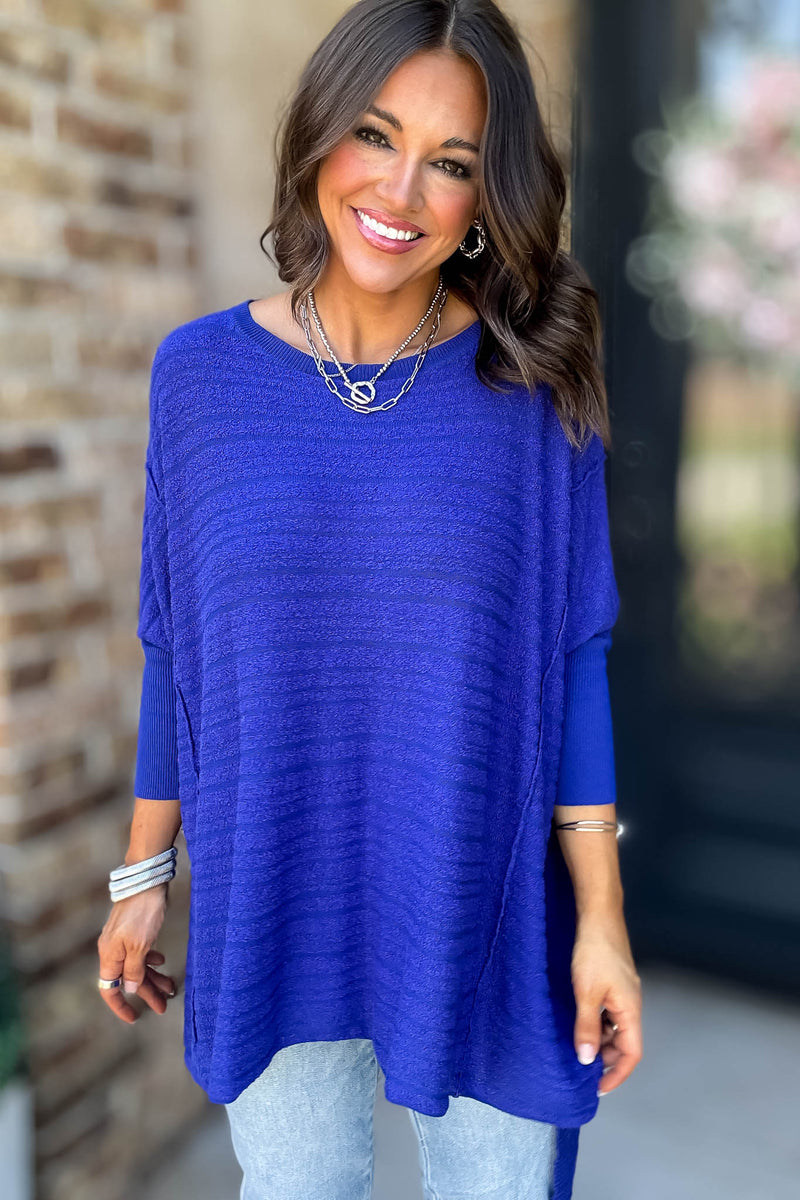 Go For It Blue Boat Neck Stripe Sweater Knit Tunic Top