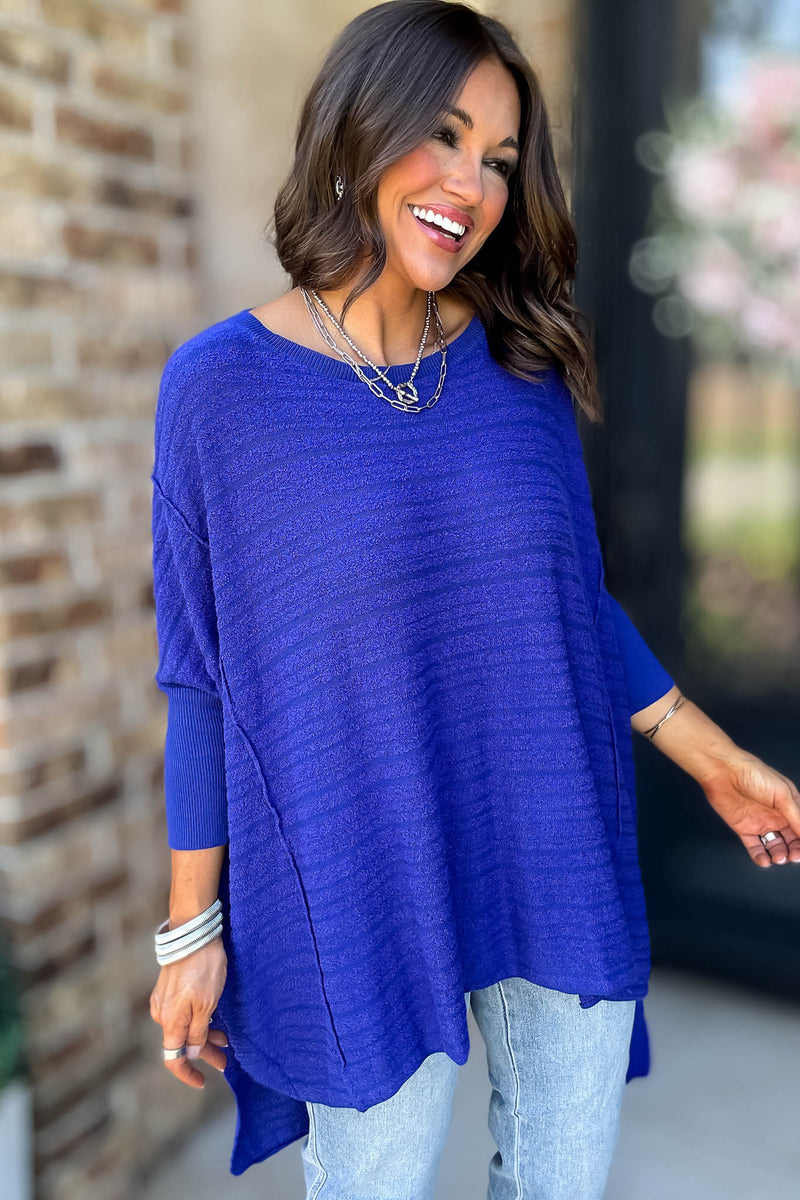 Go For It Blue Boat Neck Stripe Sweater Knit Tunic Top