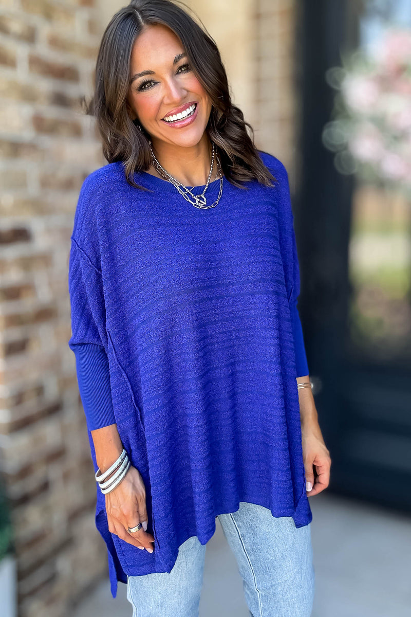 Go For It Blue Boat Neck Stripe Sweater Knit Tunic Top