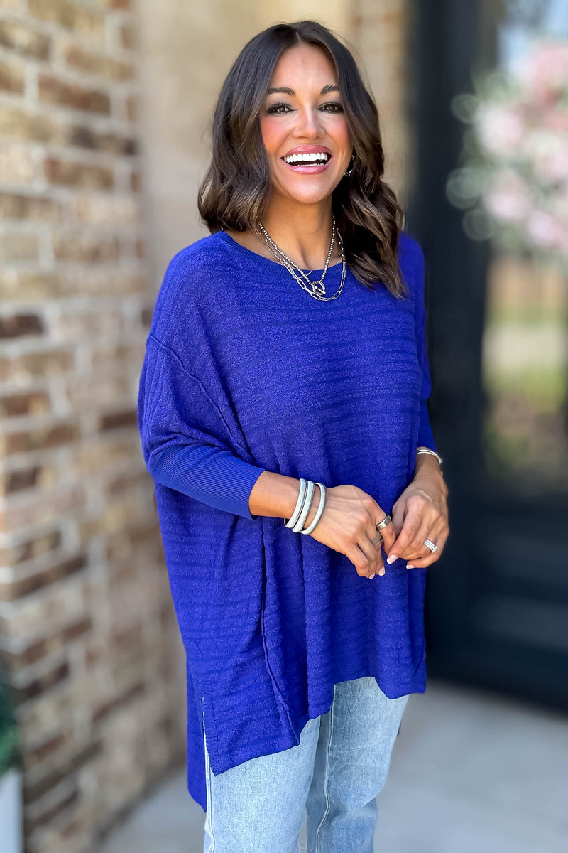 Go For It Blue Boat Neck Stripe Sweater Knit Tunic Top