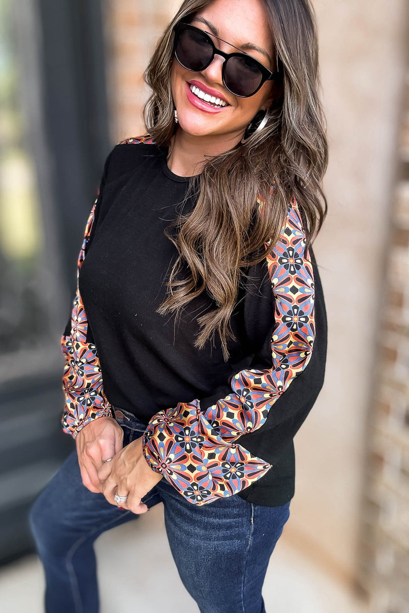 Black Print Detail Top