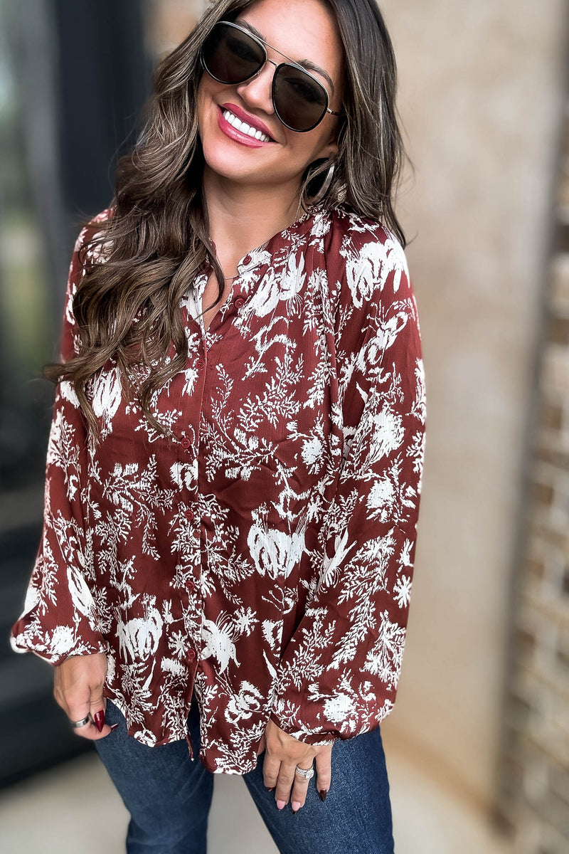 Cinnamon Abstract Print Satin Front Button Down Blouse