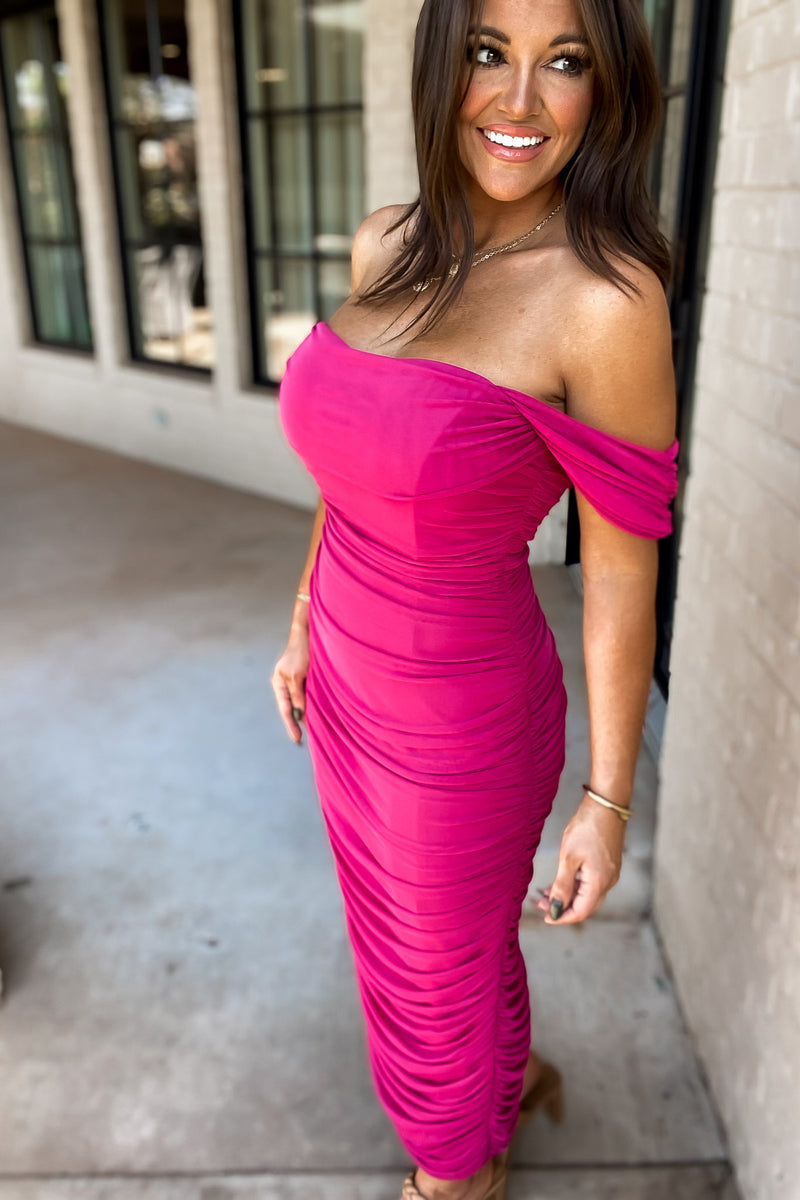 Talk of The Town Magenta Off Shoulder Bodycon Dress