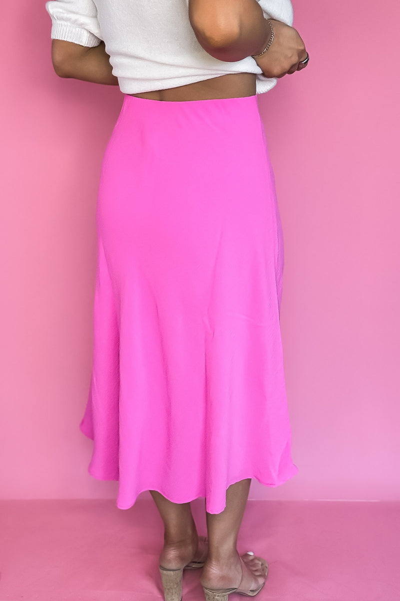 Spin Me Around Hot Pink Elastic High Waisted Midi Flare Skirt