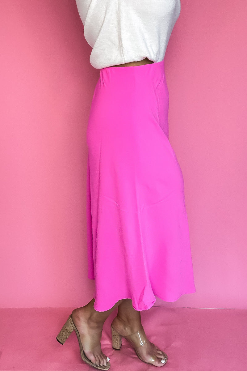 Spin Me Around Hot Pink Elastic High Waisted Midi Flare Skirt