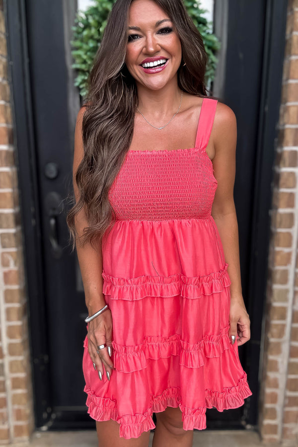 Coral Rose Smocked Ruffle Dress