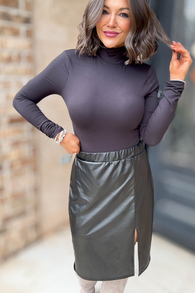 Black Elastic Slit Side Pleather Pencil Skirt
