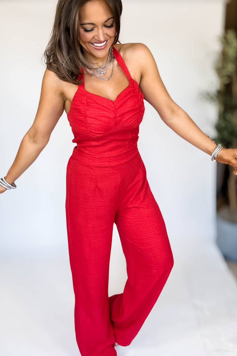 Red High Waisted Wide Leg Pants