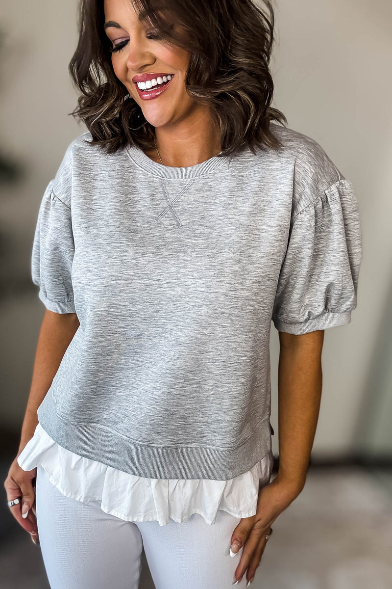 Softest Heather Grey Solid Ruffly Trim Hem Sweatshirt Top