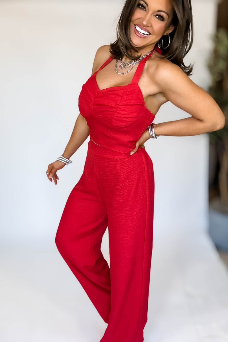 Red High Waisted Wide Leg Pants