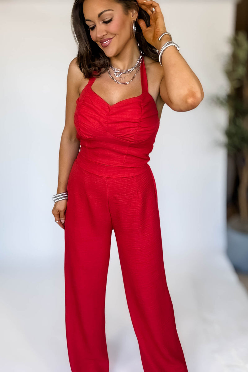 Red High Waisted Wide Leg Pants