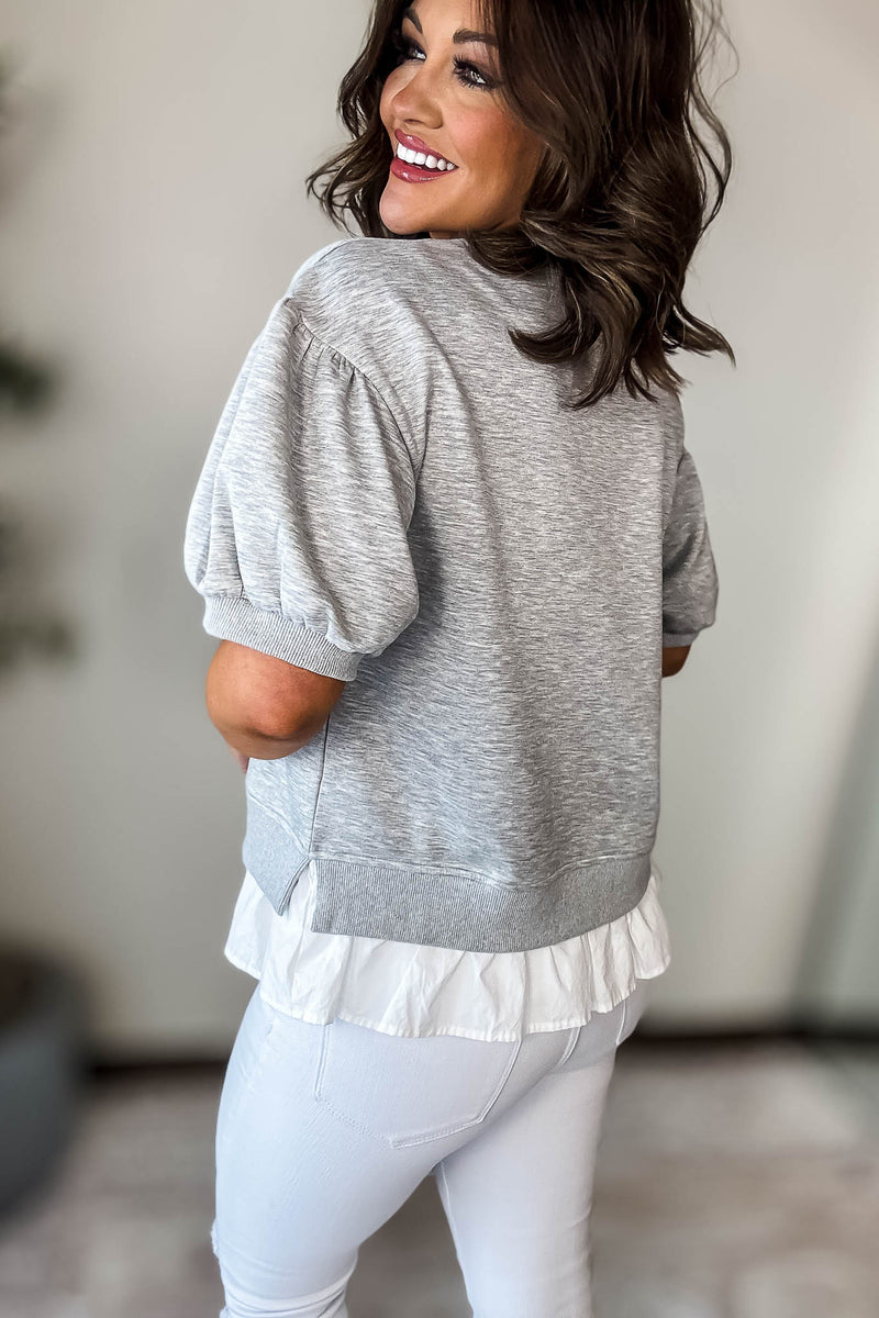 Softest Heather Grey Solid Ruffly Trim Hem Sweatshirt Top