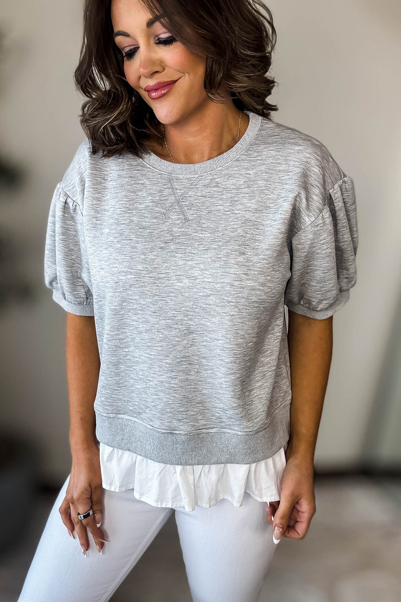 Softest Heather Grey Solid Ruffly Trim Hem Sweatshirt Top