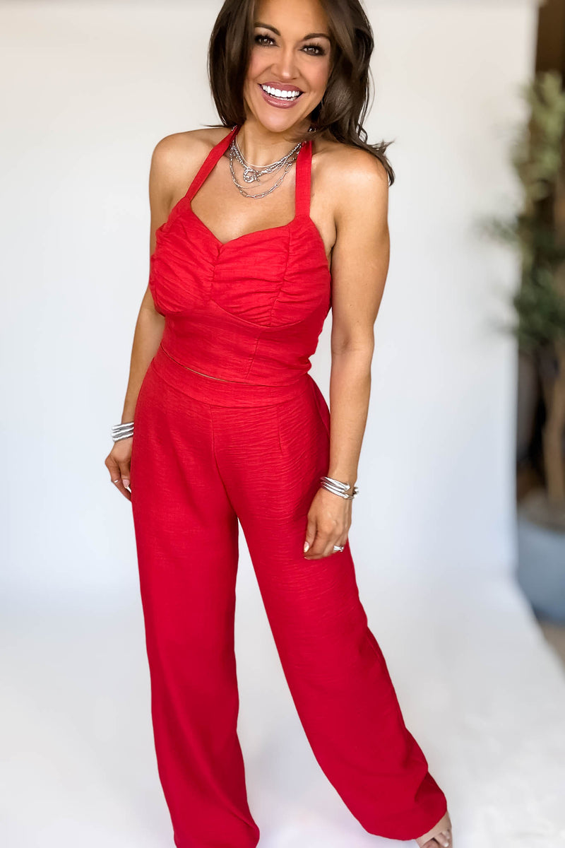 Red High Waisted Wide Leg Pants