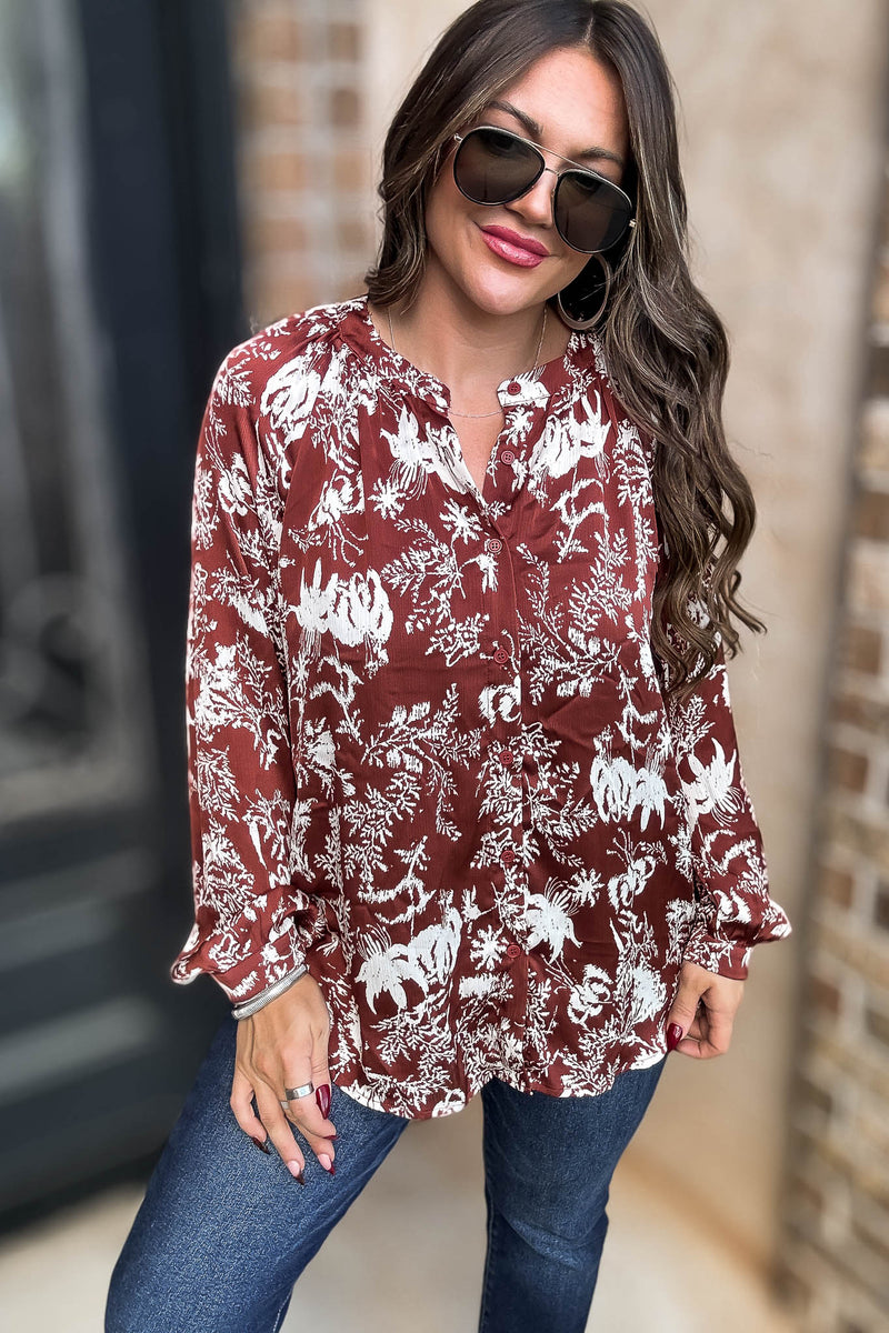 Cinnamon Abstract Print Satin Front Button Down Blouse