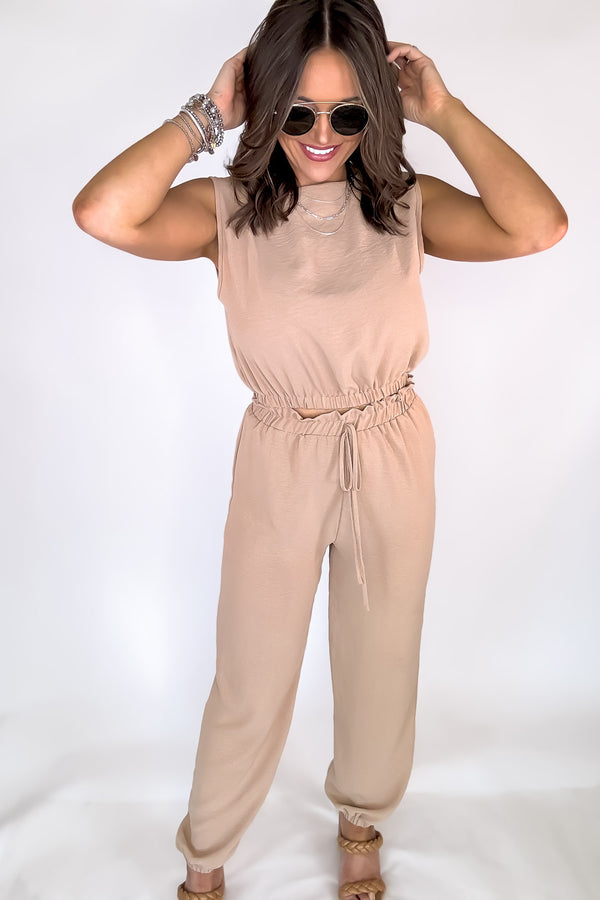 Live Fully Taupe Flowy Crinkle Jogger Pant