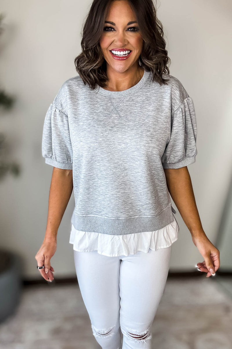 Softest Heather Grey Solid Ruffly Trim Hem Sweatshirt Top