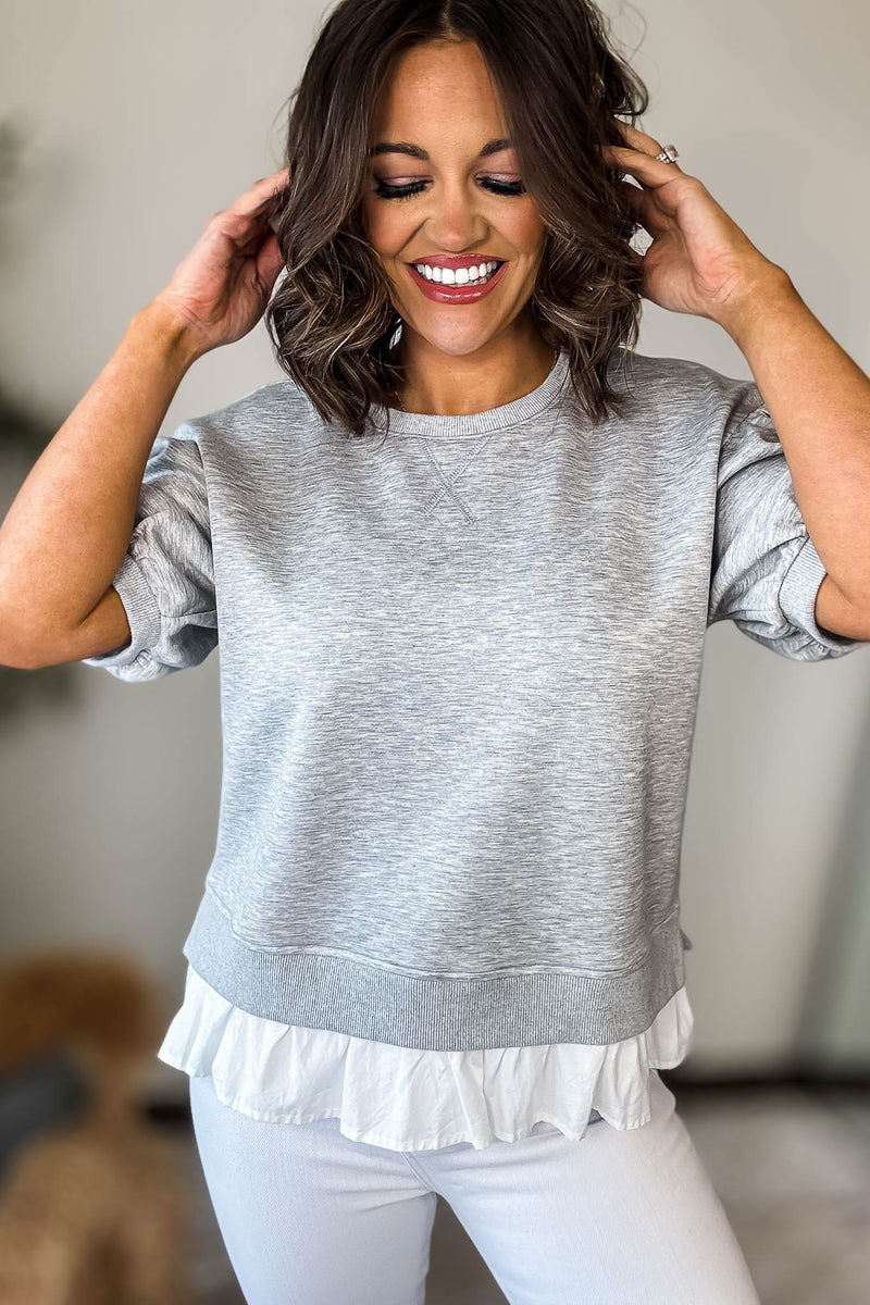 Softest Heather Grey Solid Ruffly Trim Hem Sweatshirt Top