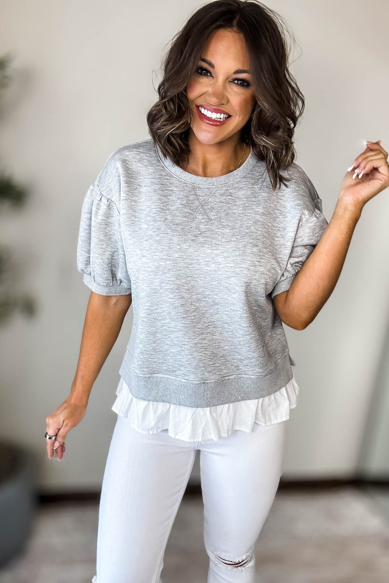 Softest Heather Grey Solid Ruffly Trim Hem Sweatshirt Top